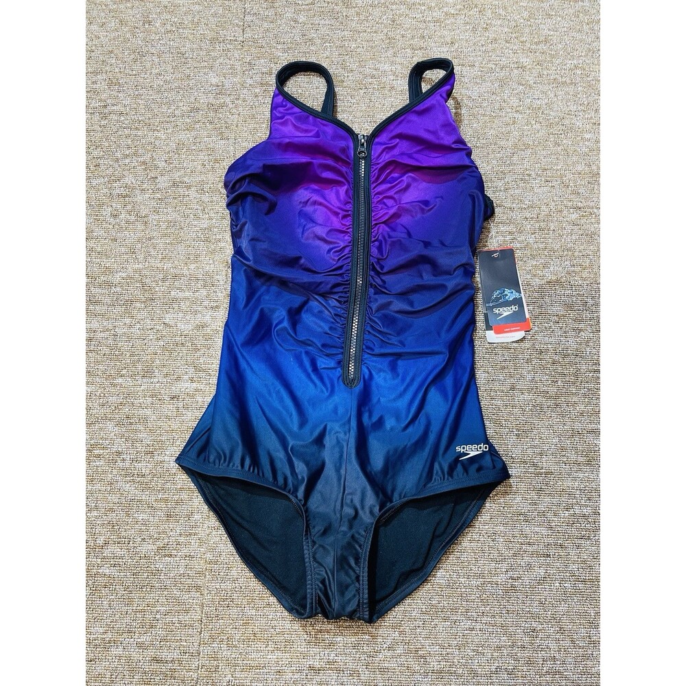 SPEEDO POWERFLEX ECO Plunge Zip Ombre Purple Ruched 1pc Swimsuit, Size 8